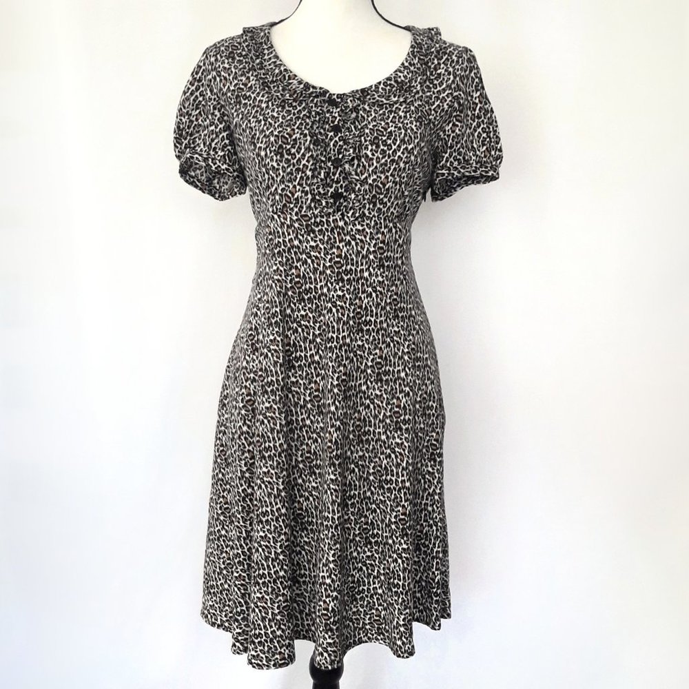 AGB Retro Leopard Print A Line Short Puff Sleeve Babydoll Dress